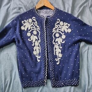 Vintage Orignal Beaded Blue Cardigan Sz S/M